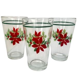 Gibson POINSETTIA HOLIDAY 16-oz Glass Tumbler (s) LOT OF 3 Christmas Holly Berry